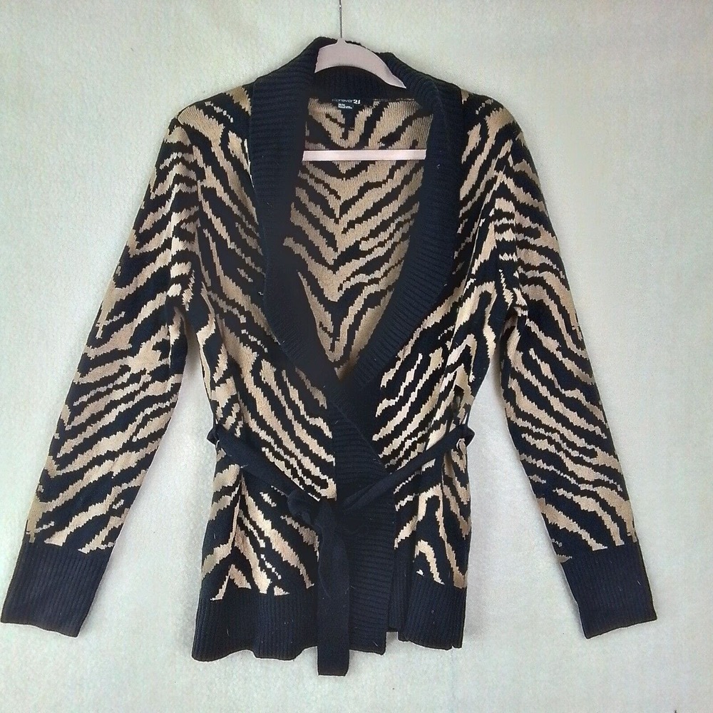 Forever 21 Open Front Sweater Cardigan Size Med in‎ Black, Tan Zebra